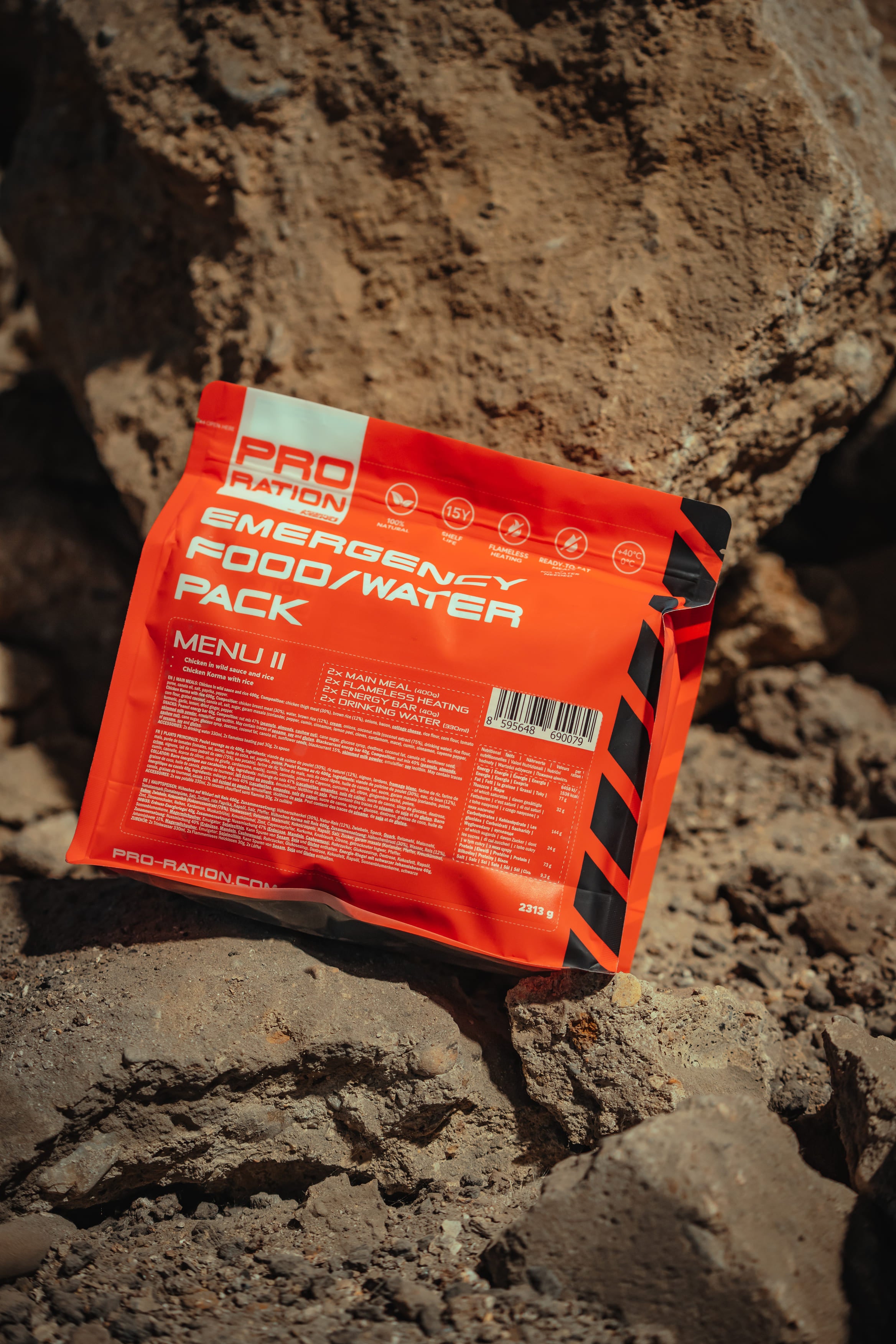Kit I – Menu « Gibier et porc », rations d'urgence, 2 repas + eau + système de chauffage sans flamme, durée de conservation de 15 ans