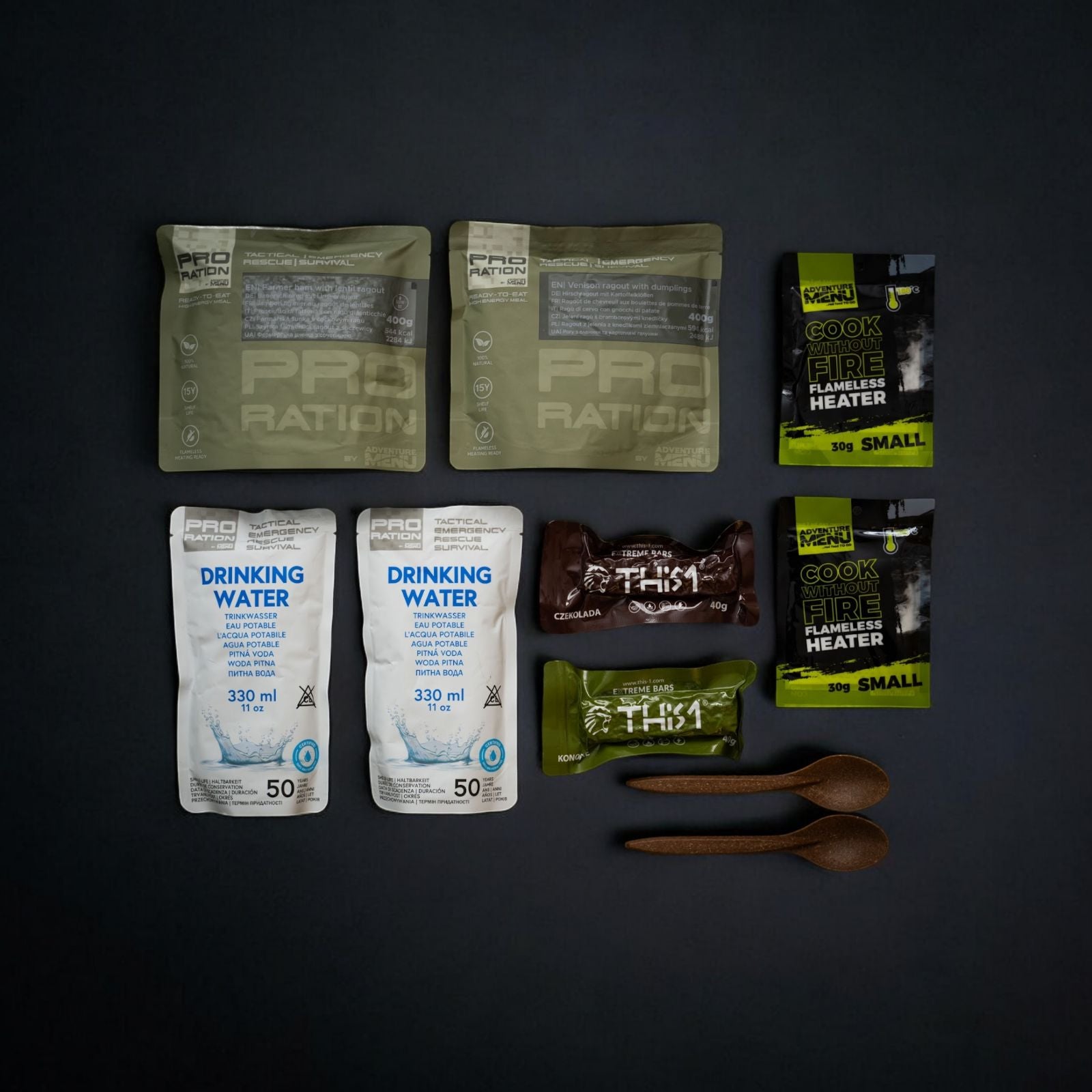Kit I – Game & Pork Menu, emergency rations, 2 meals + water + flameless heater, 15-year shelf life