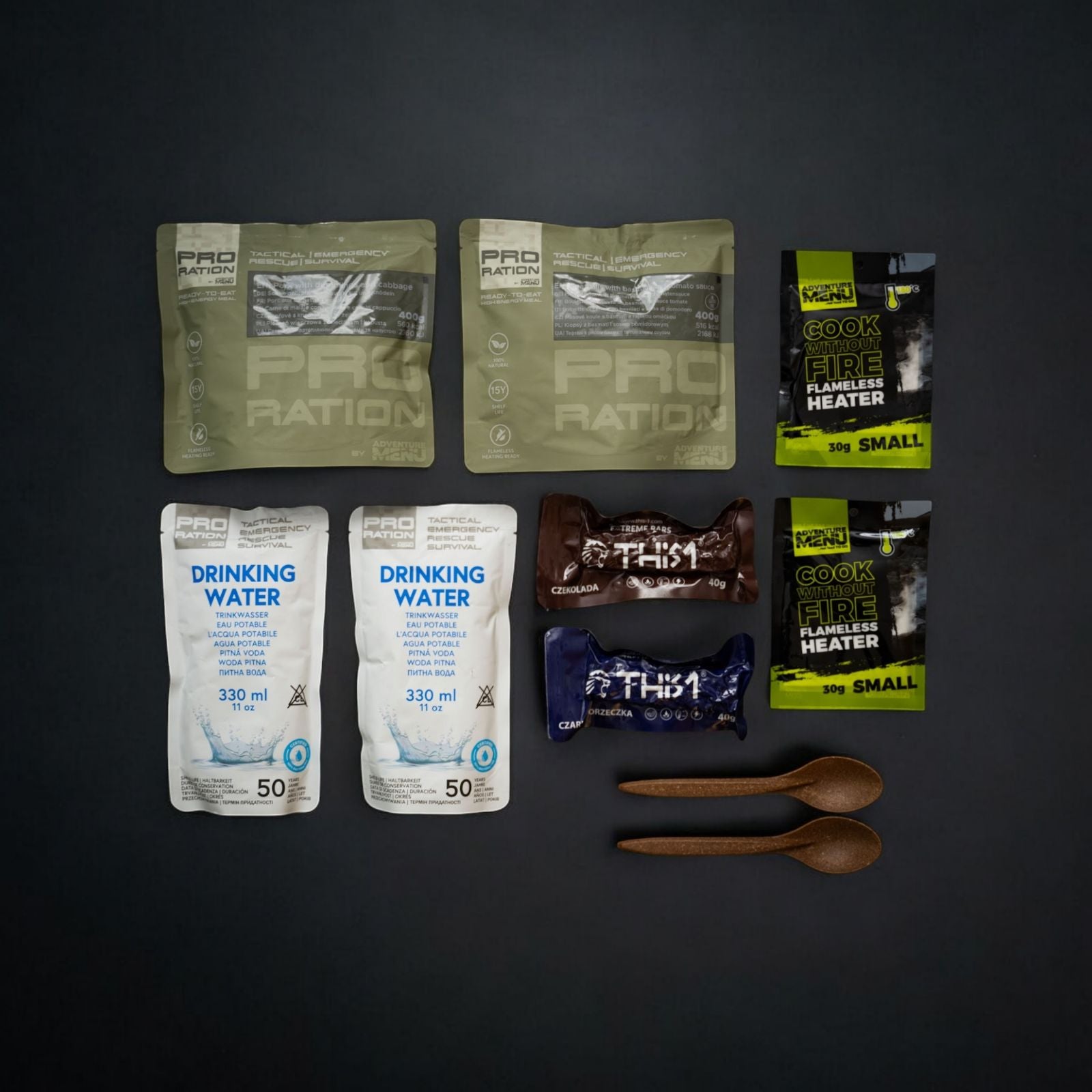 Kit IV – Pork & Meatballs with Rice Meal, emergency food, 2 meals + water + flameless heater, 15-year shelf life