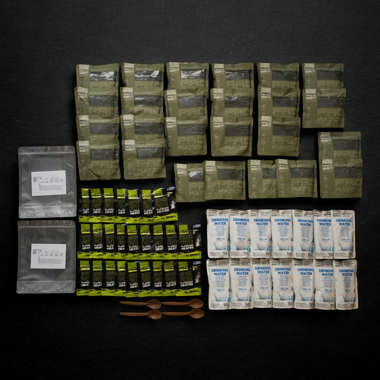 Emergency Kit - emergency food kit containing 25 meals, water, and a flameless heater; 15-year shelf life