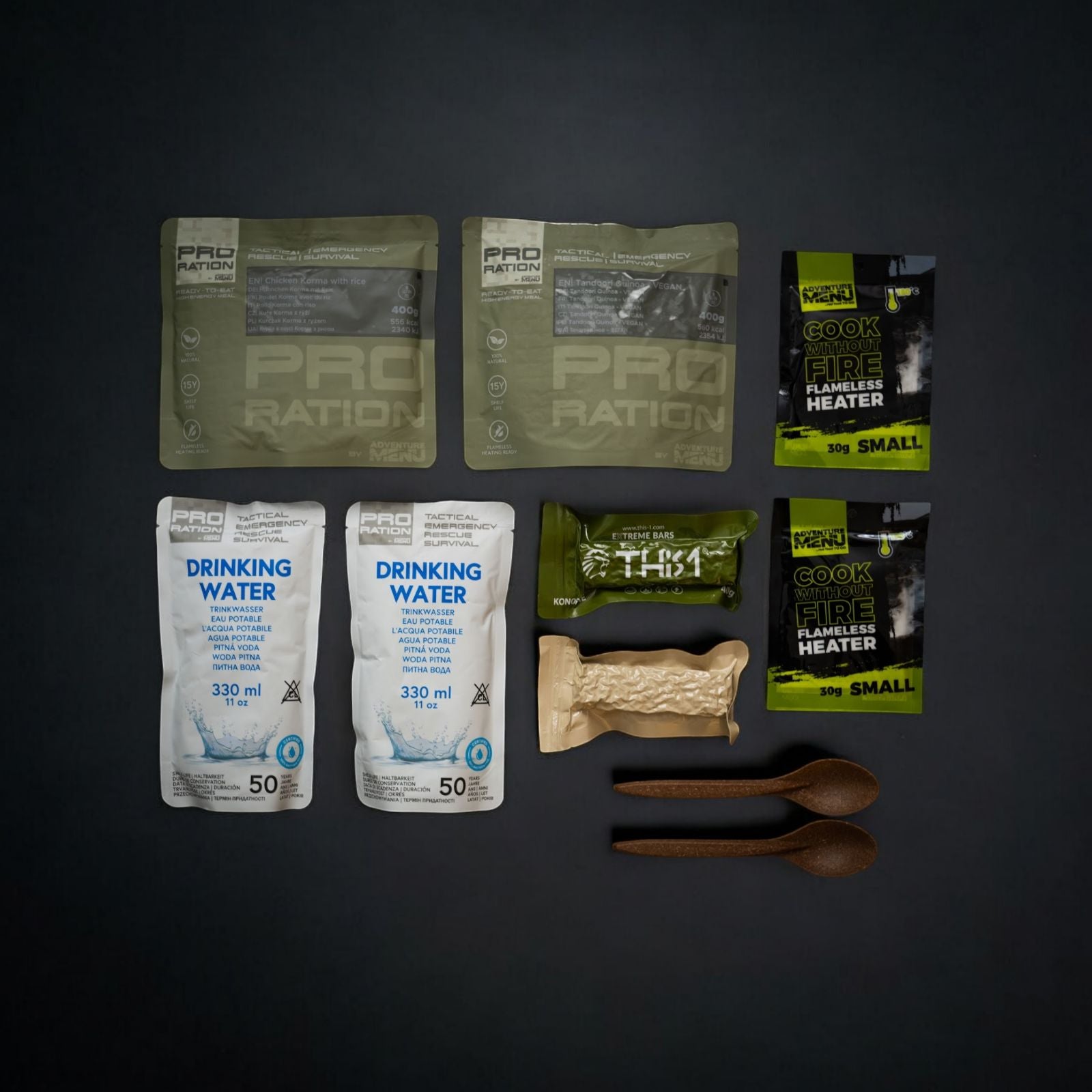 Kit V – Chicken Korma & Quinoa Meal, emergency food, 2 meals + water + flameless heating, 15-year shelf life