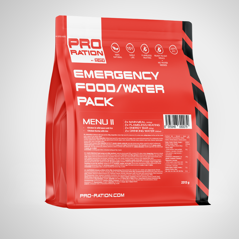 Kit II – Chicken & Rice Meal, emergency food, 2 meals + water + flameless heater, 15-year shelf life