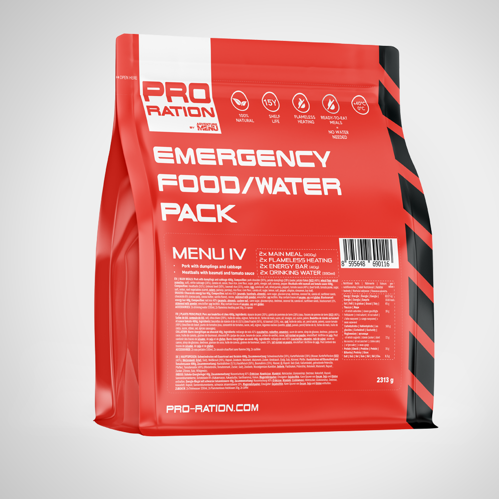 Kit IV – Pork & Meatballs with Rice Meal, emergency food, 2 meals + water + flameless heater, 15-year shelf life