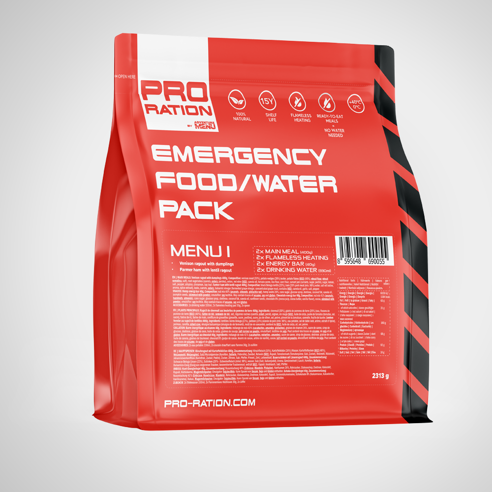 Kit I – Game & Pork Menu, emergency rations, 2 meals + water + flameless heater, 15-year shelf life