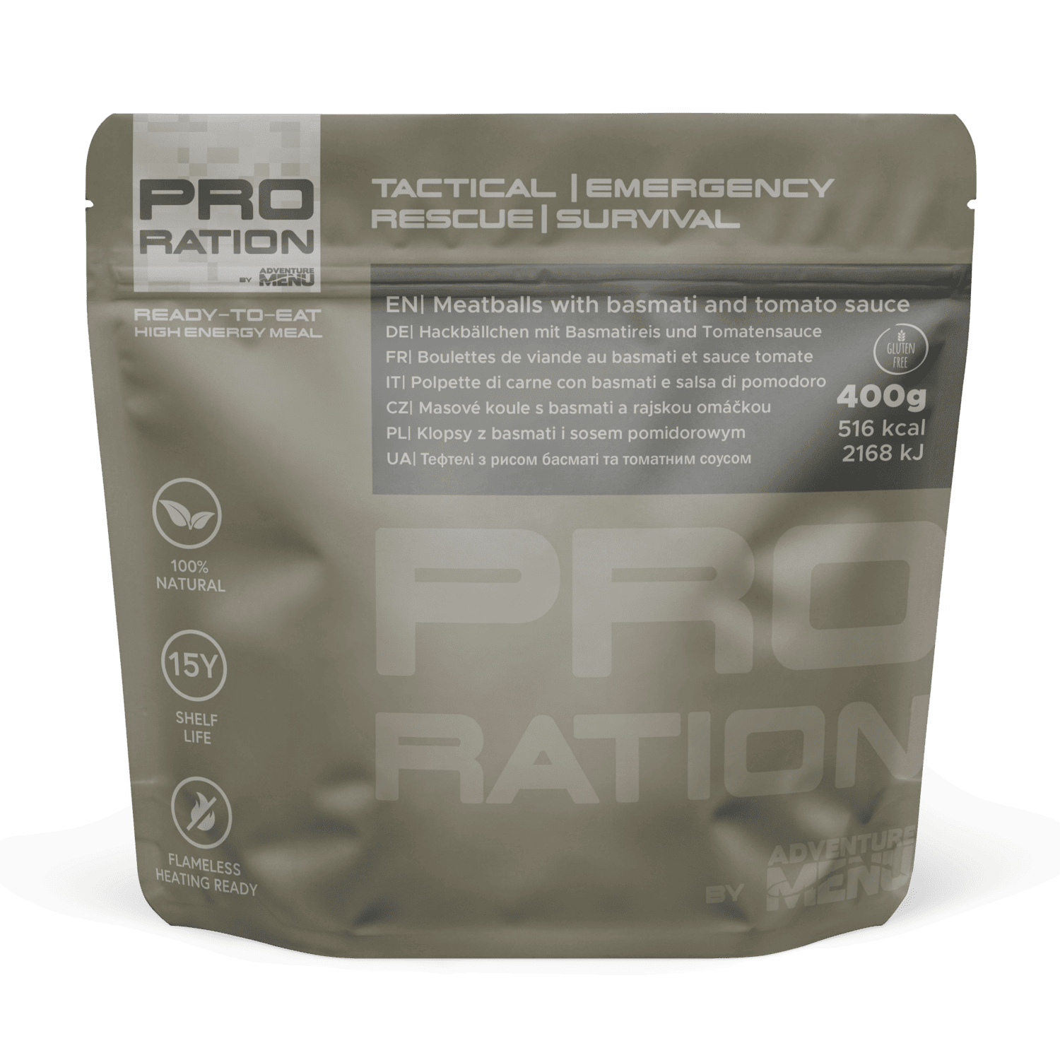 Emergency Kit - emergency food kit containing 25 meals, water, and a flameless heater; 15-year shelf life